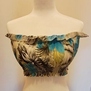 Body Central Size Medium Tropical Off-Shoulder Crop Top - Blue and Beige